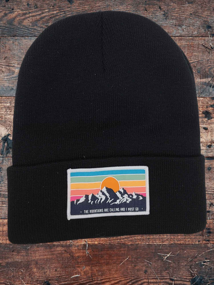 Mountains Are Calling Beanie – Retro Patch Knit Hat
