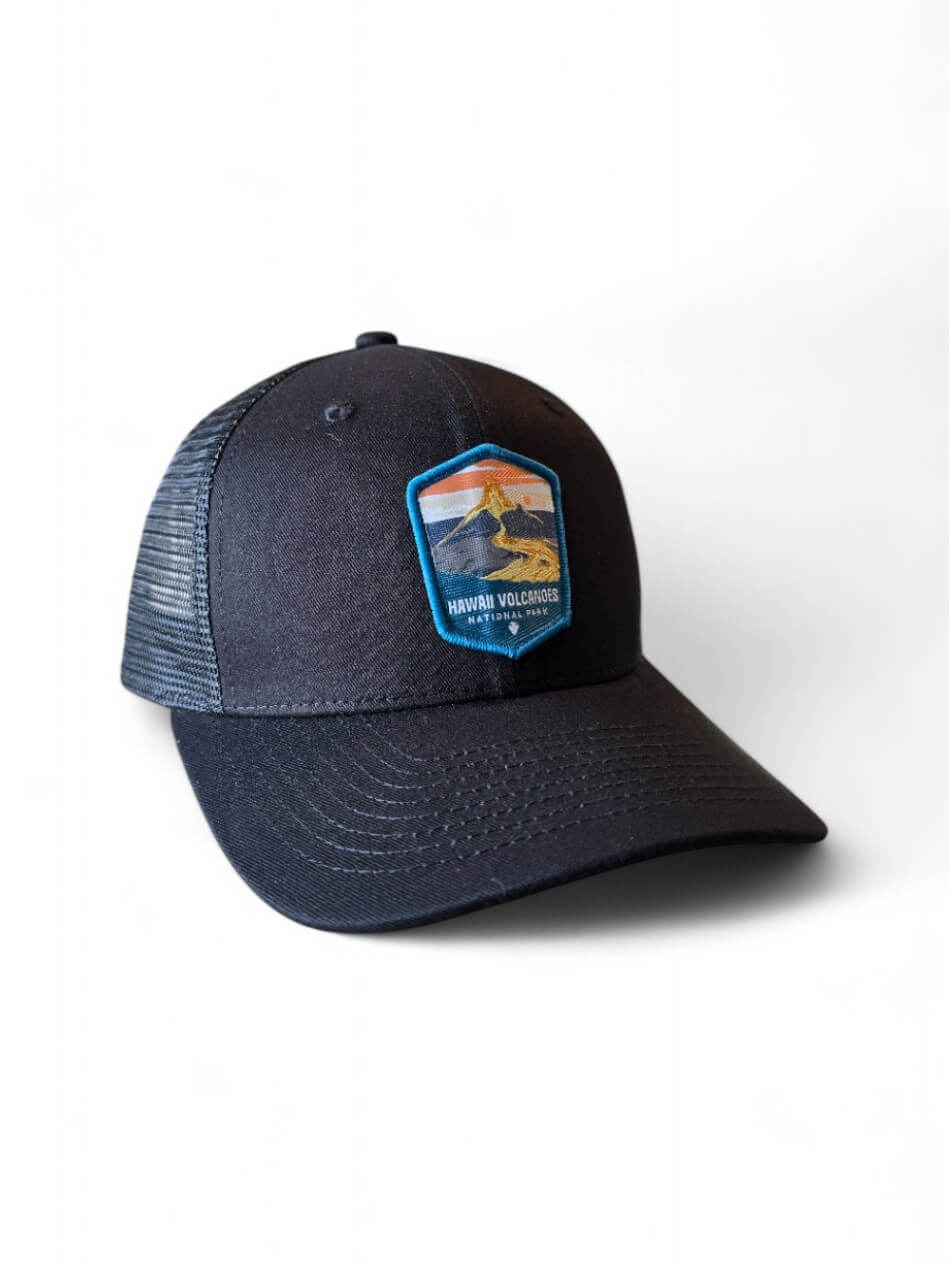 Hawaii Volcanoes National Park Snapback Cap - Scenic Outdoor Adventure Souvenir Baseball Hat - Black on Black Mesh image