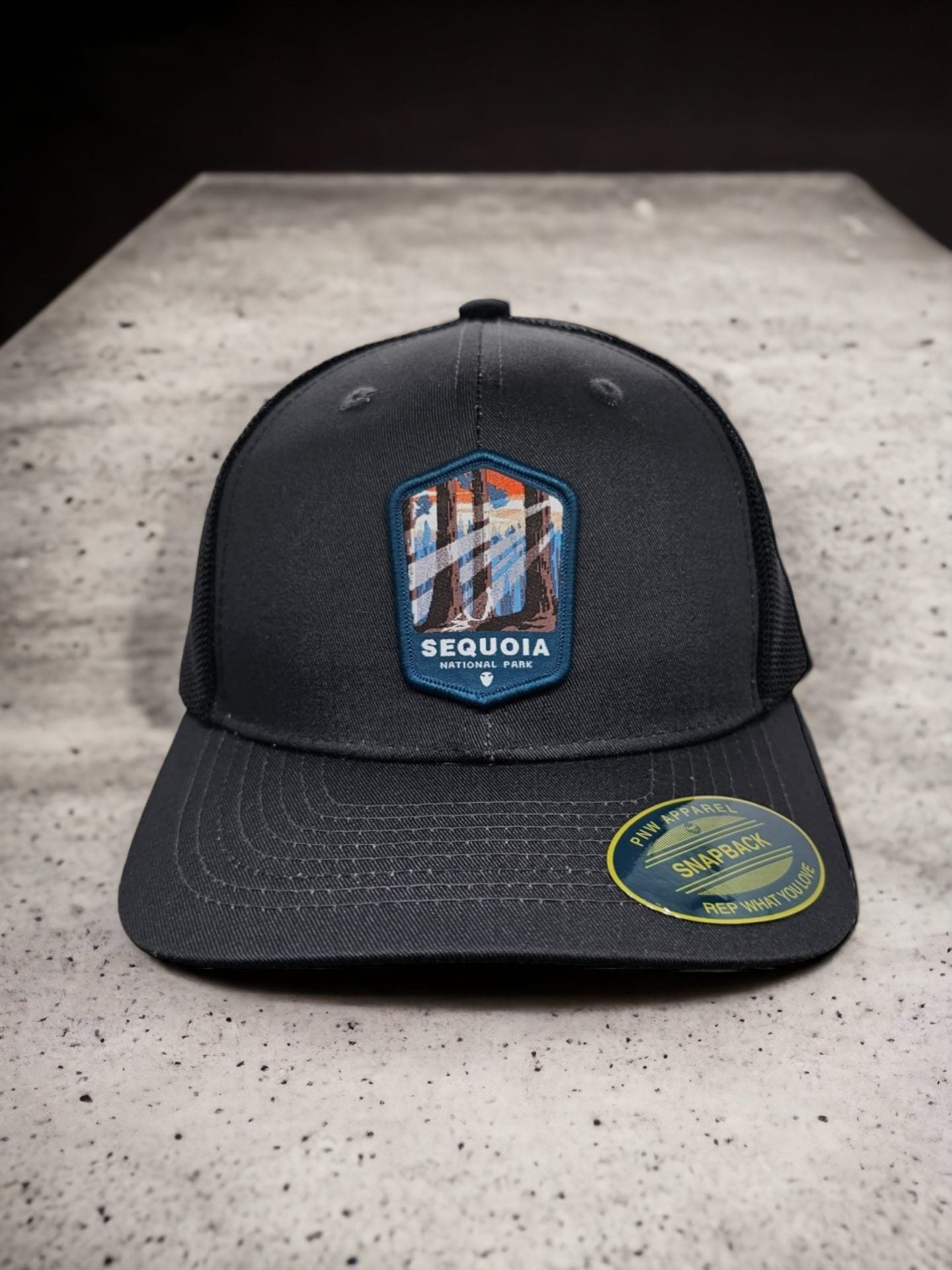 Sequoia Snapback Hat w/ National Park Woven Patch - Grey on Black Mesh image