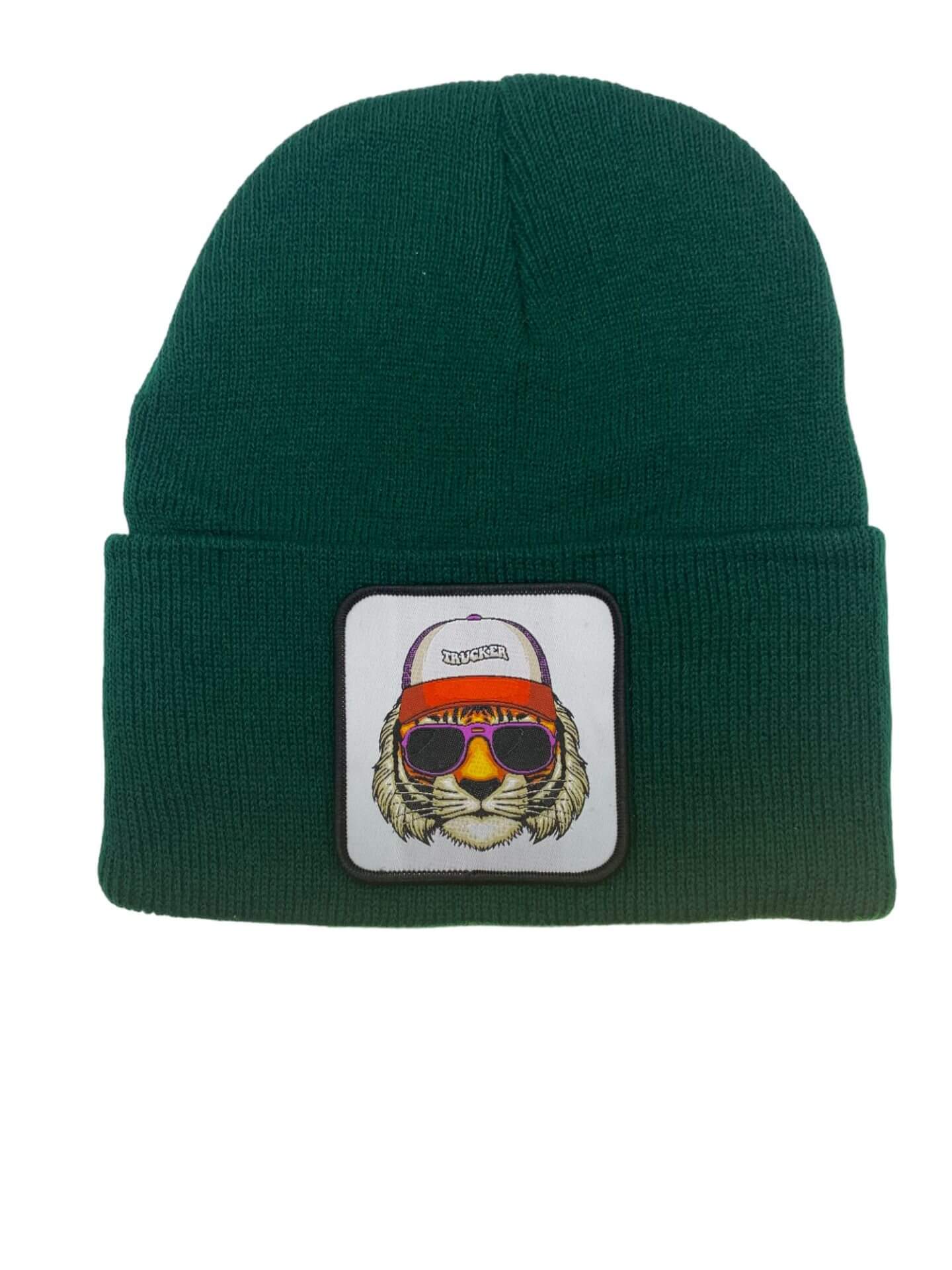 Tiger Beanie with Unique Trucker Patch Gift - Forest Green image