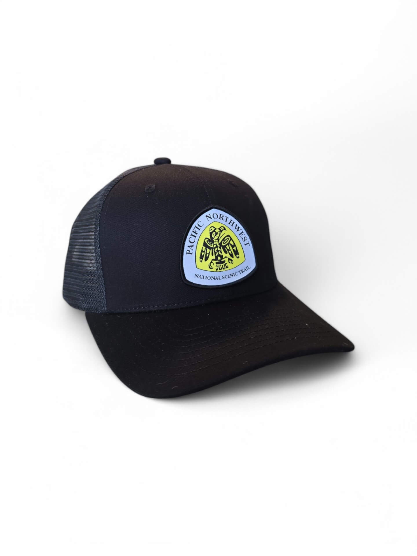 PNW Hiking Snapback Cap for Scenic Outdoor Adventures - Black on Black Mesh image