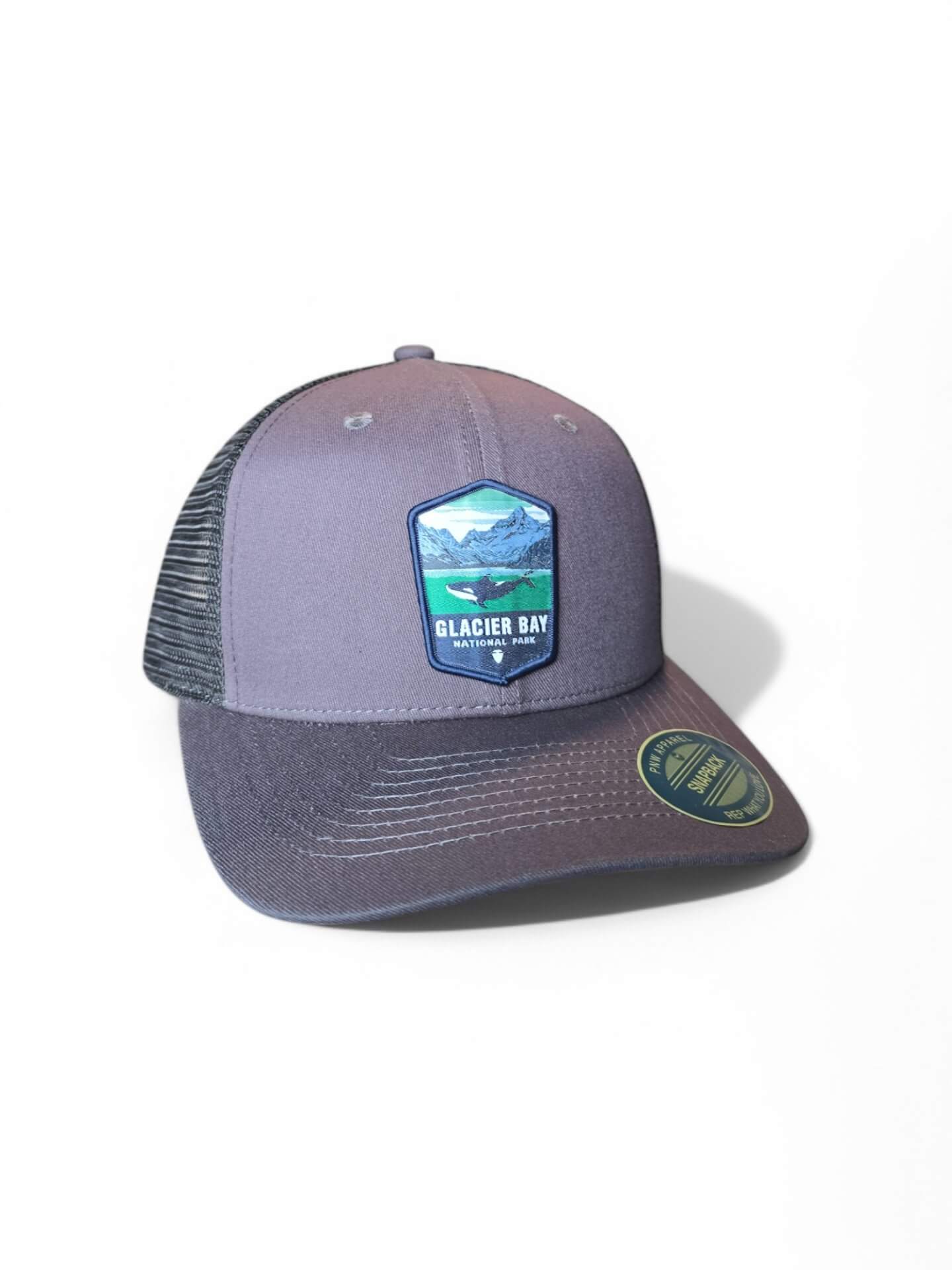 Alaska Glacier Bay National Park Trucker Snapback Hat - Grey on Black Mesh image