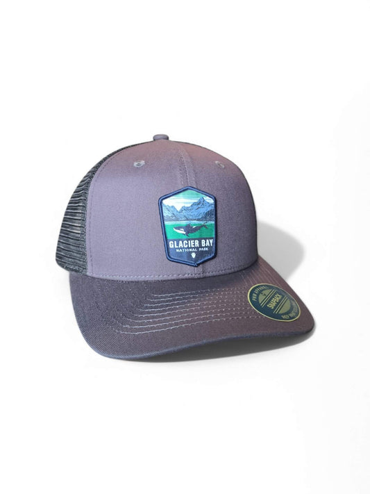 Alaska Glacier Bay National Park Trucker Snapback Hat - Grey on Black Mesh image