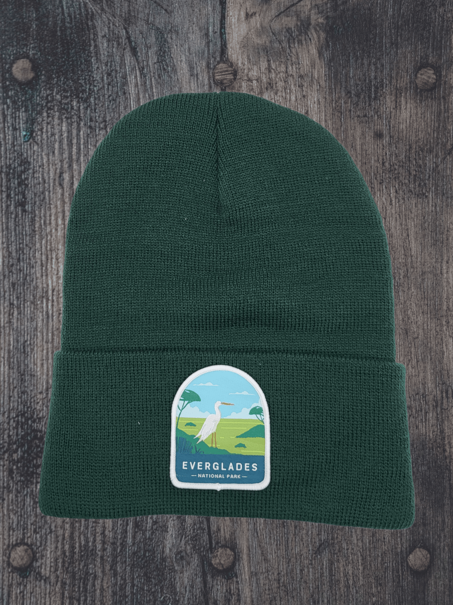 Everglades Beanie – Florida Wildlife Patch Knit Hat - Forest Green image
