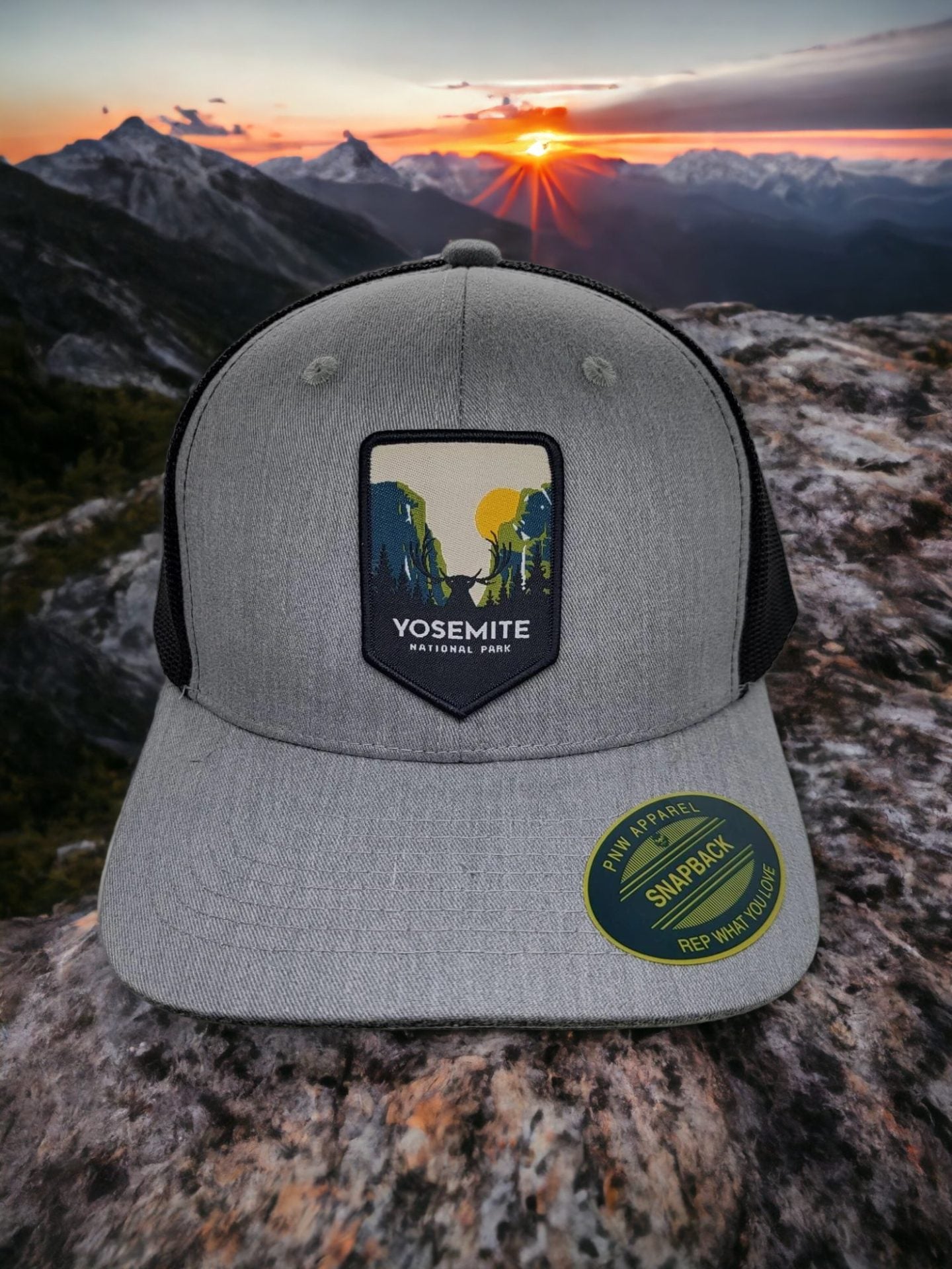 Yosemite Trucker Hat with Patch for National Park Lovers - Heather Grey on Black image