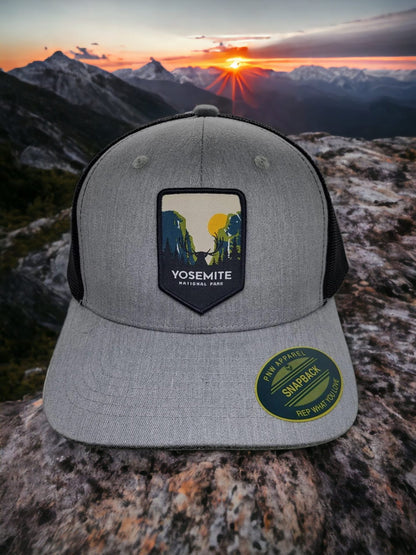 Yosemite Trucker Hat with Patch for National Park Lovers - Heather Grey on Black image