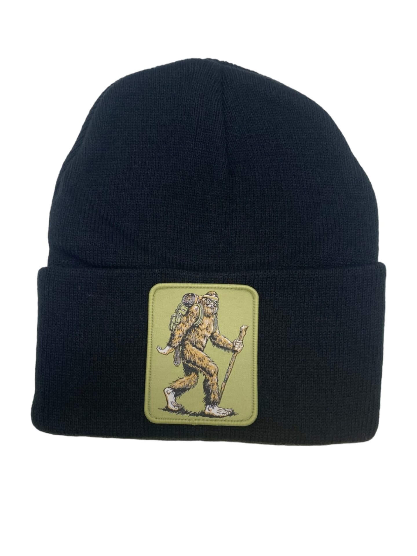 Sasquatch Beanie with Hiking Bigfoot Patch - Outdoor Adventure Winter Hat for Nature Enthusiasts - Black image
