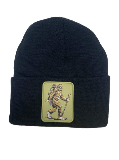 Sasquatch Beanie with Hiking Bigfoot Patch - Outdoor Adventure Winter Hat for Nature Enthusiasts - Black image