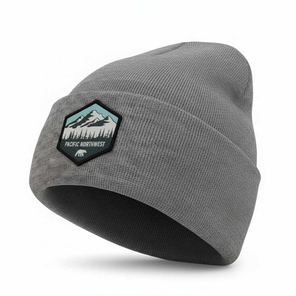 Pacific Northwest Mountain Patch Beanie: PNW Knit Winter Hat