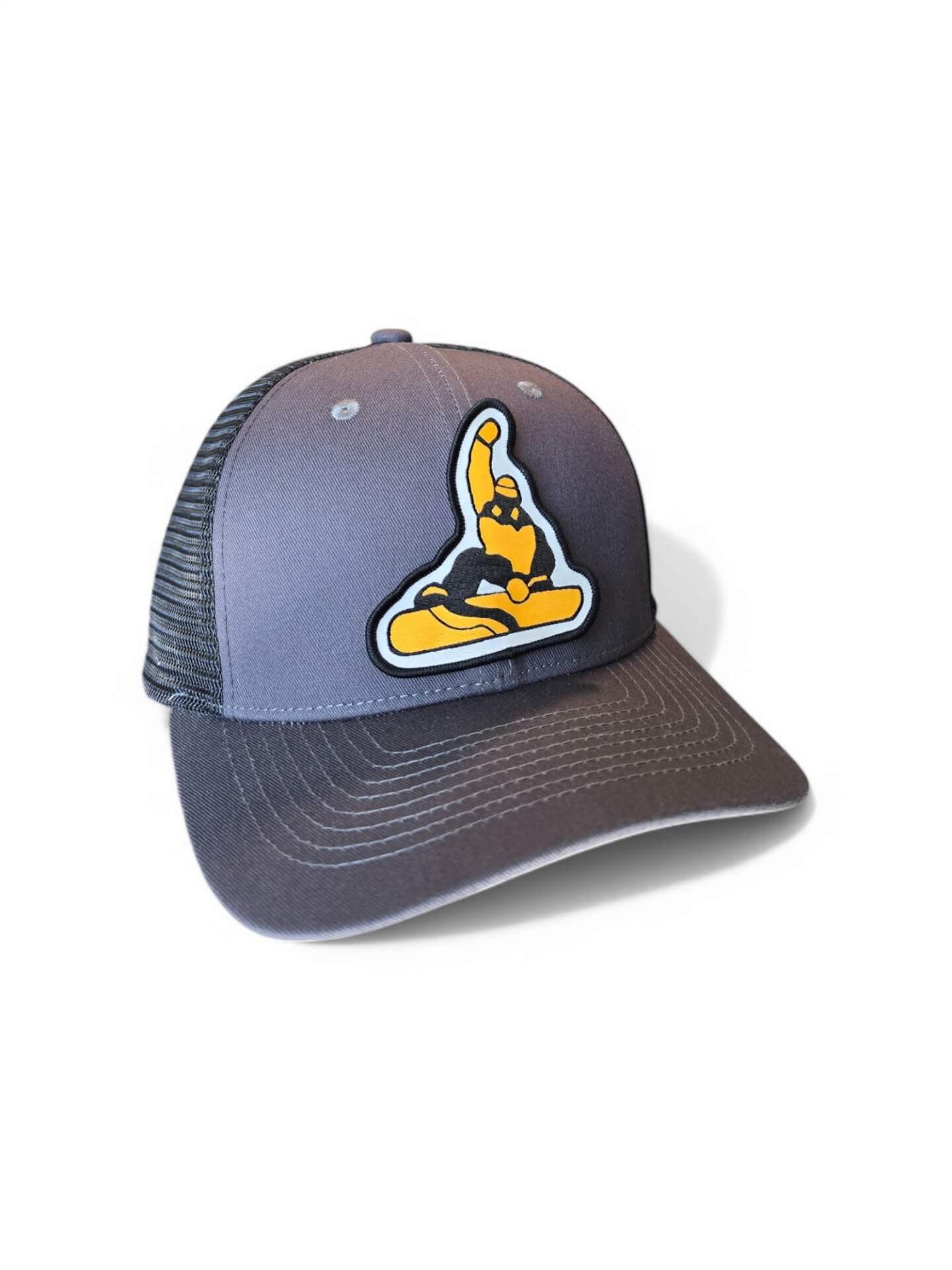 Snowboarder Trucker Hat with Patch - Grey on Black Mesh image