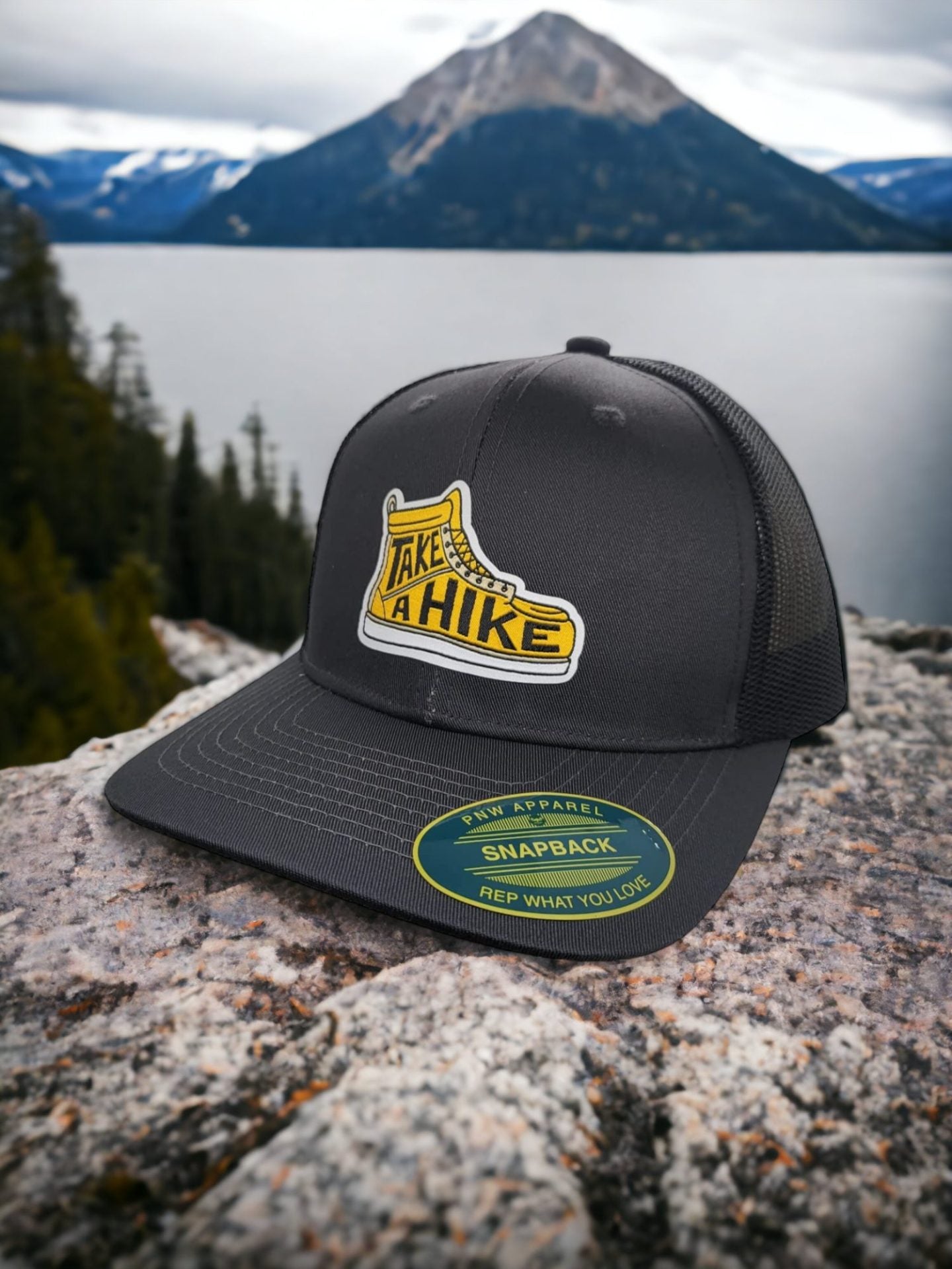 Take A Hike Trucker Hat - Grey on Black Mesh image