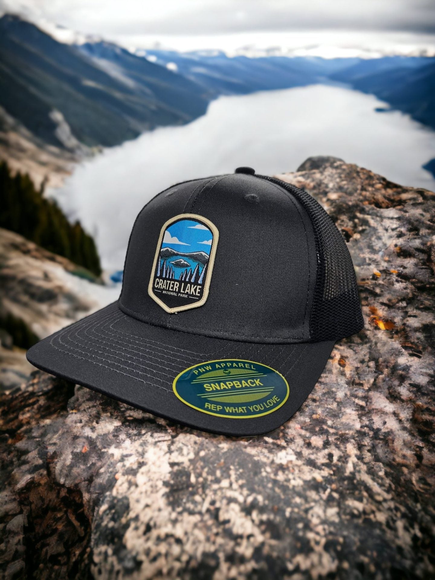 Crater Lake Snapback Hat for National Park Enthusiasts - Grey on Black Mesh image