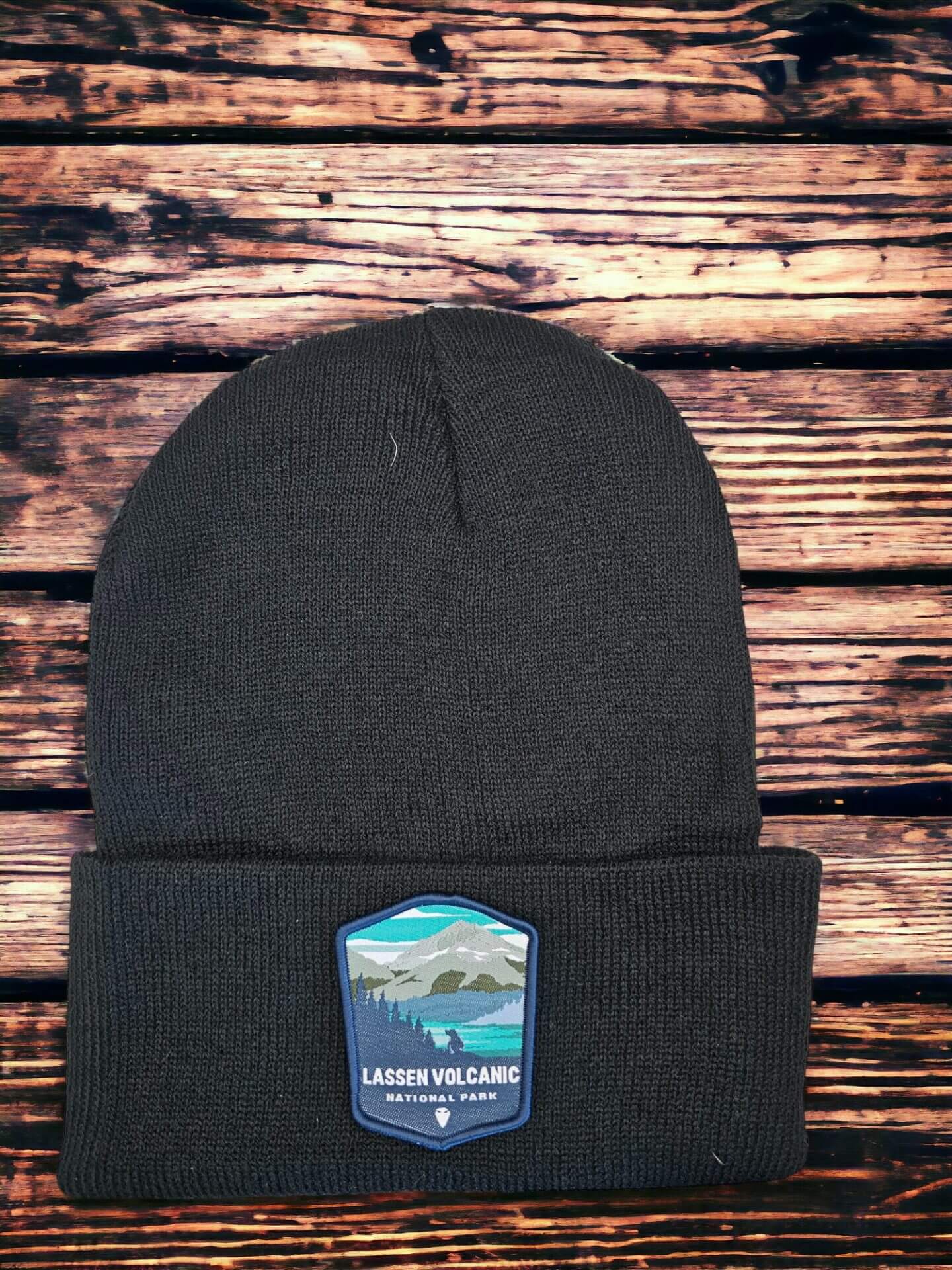 Lassen Volcanic National Park Beanie - Cozy Knit Cap with Embroidered Patch - California Outdoor Adventure Gift - Black image