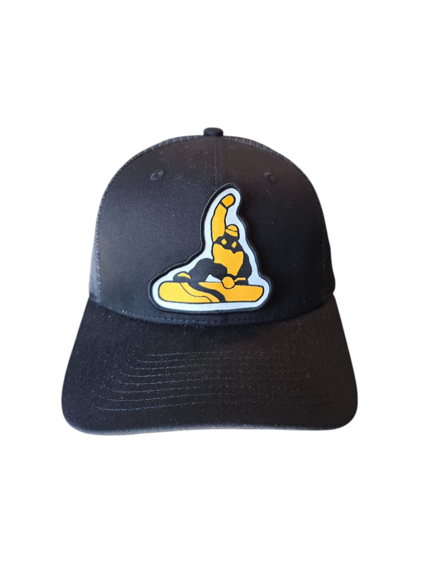 Snowboarder Trucker Hat with Patch - Black on Black Mesh image