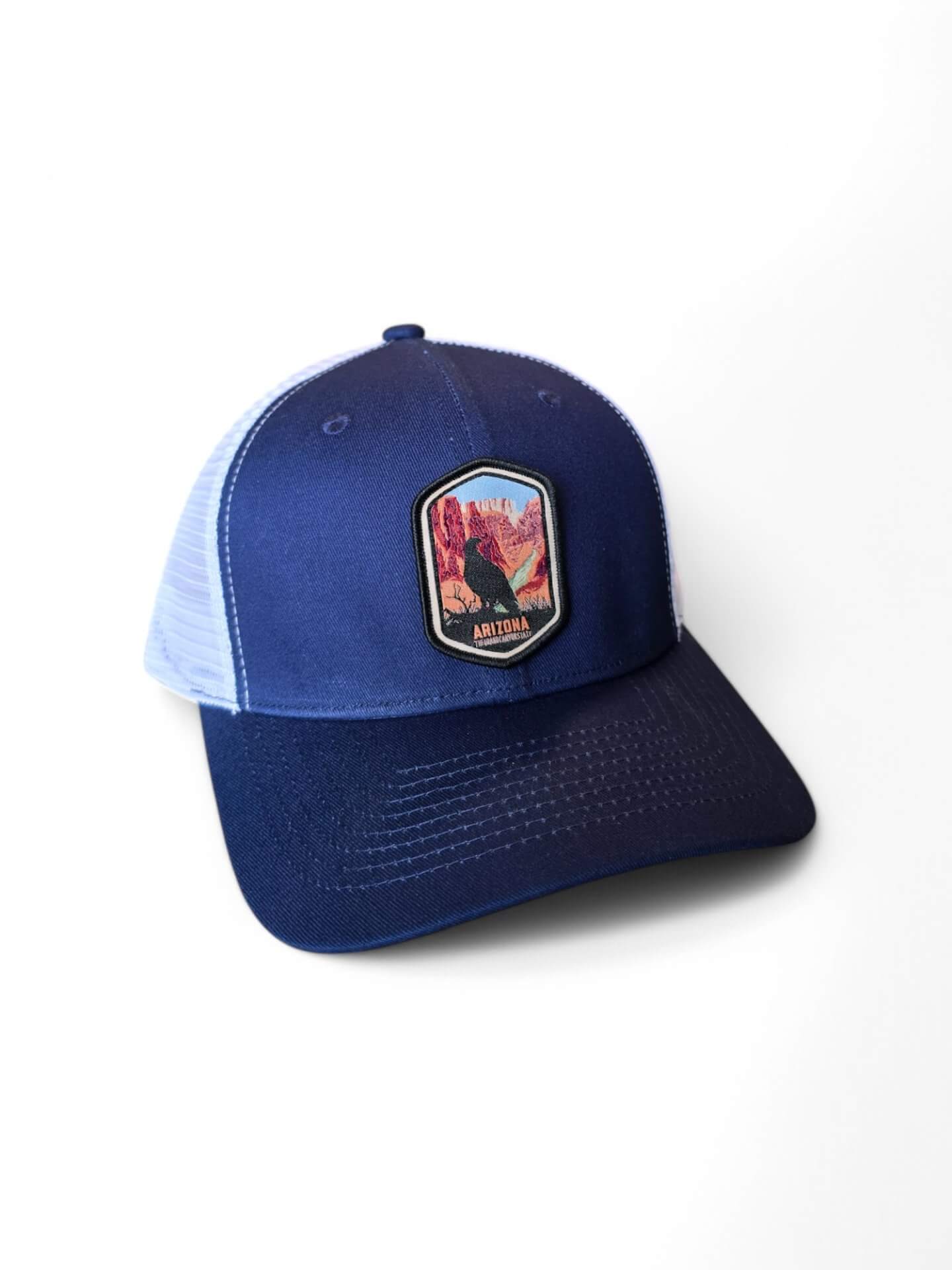 Arizona Baseball Cap with Desert Landscape Embroidered Patch - Navy Blue on White Mesh image