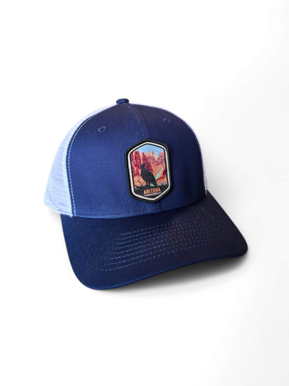 Arizona Baseball Cap with Desert Landscape Embroidered Patch - Navy Blue on White Mesh image