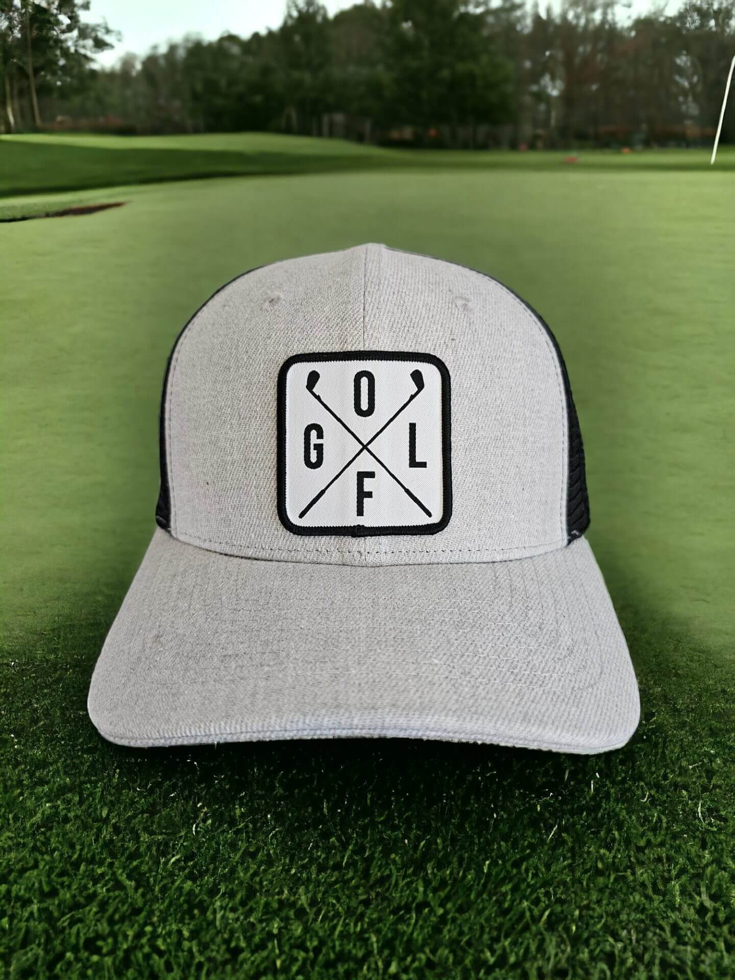 Golfing Hat Mesh Back Snapback with Golf Patch - Heather Grey on Black image