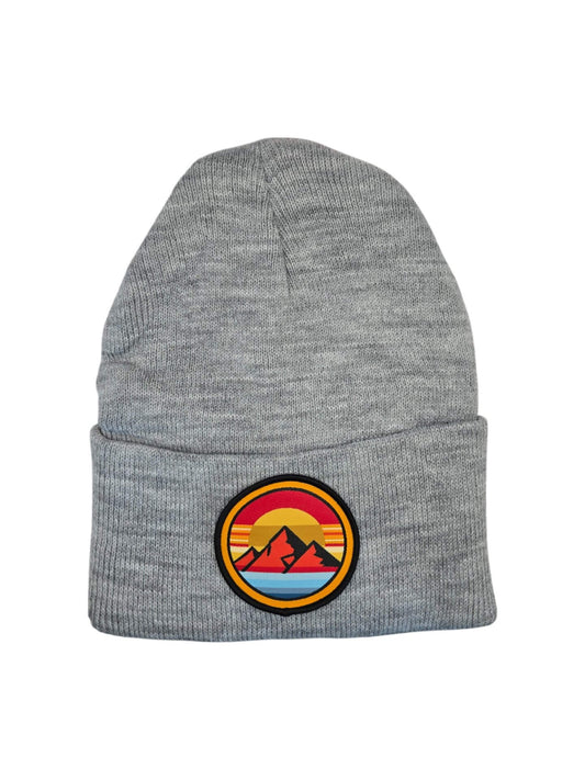 Mountain Sunset Beanie Cozy Knit Hat with Vintage Vibrant Patch image 0