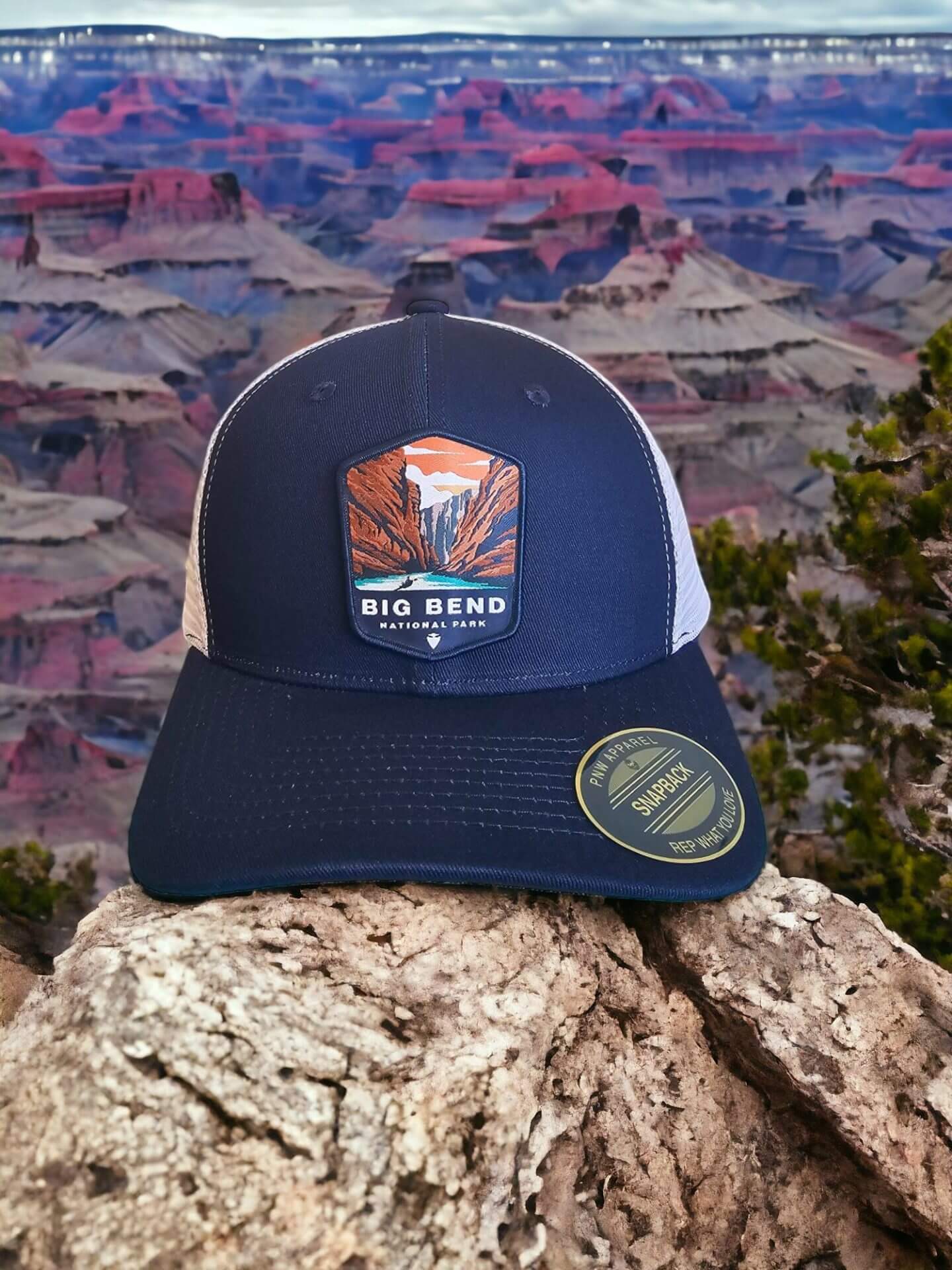 Big Bend Snapback Hat National Park Trucker Gifts Patch - Navy Blue on White Mesh image