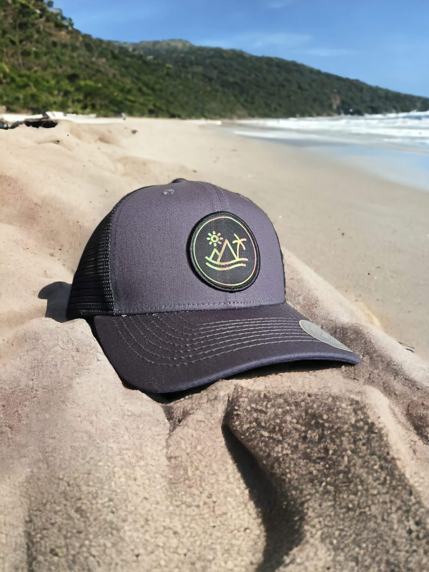 Desert Palm Snapback Hat | Adventure Trucker Cap - Grey on Black Mesh image