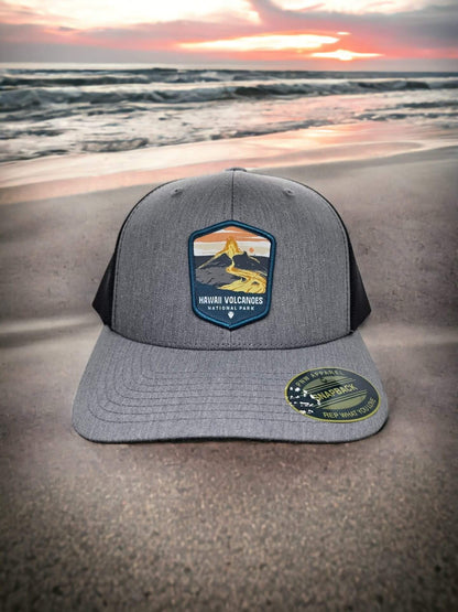 Hawaii Volcanoes National Park Snapback Cap - Scenic Outdoor Adventure Souvenir Baseball Hat - Heather Grey on Black image