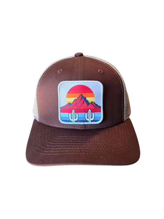 Desert Sunset Trucker Hat Cactus Mountain Snapback image 1