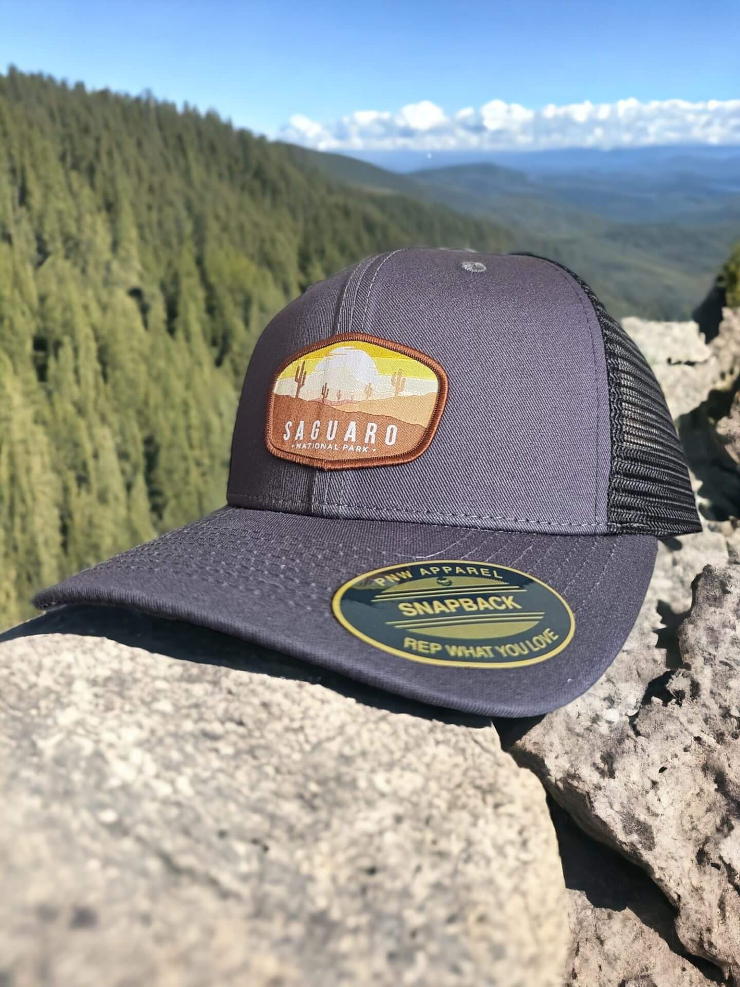 Saguaro Trucker Hat with National Park Patch - Grey on Black Mesh image