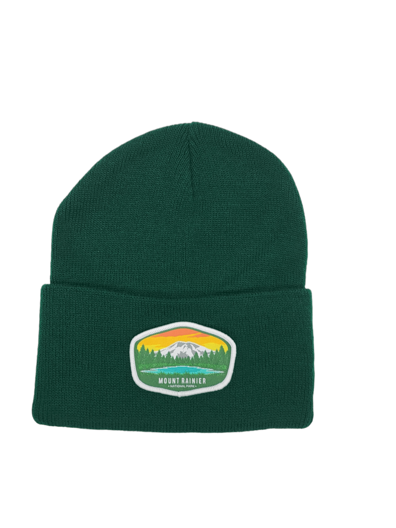 Mount Rainier Embroidered Patch Beanie - Cozy Winter Hat for Outdoor Enthusiasts & Hikers - Forest Green image