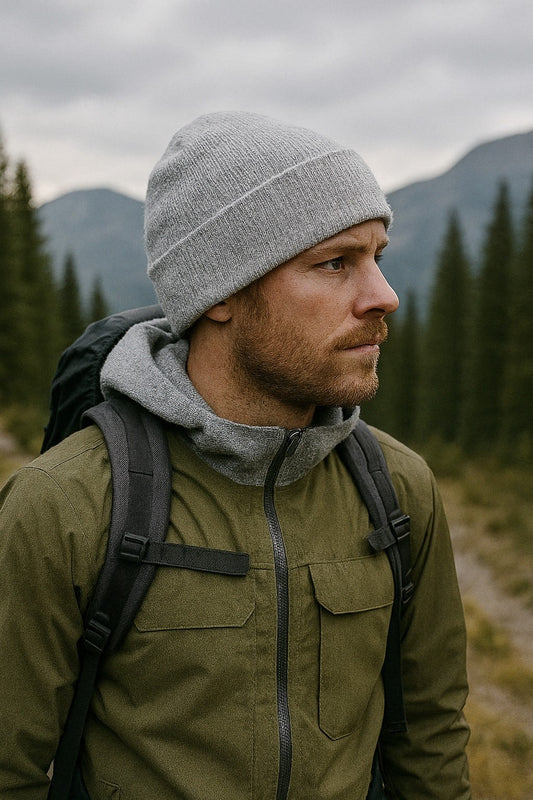 Moove Headwear AltUs National Park grey cuffed knit beanie worn by a man hiking in a forest landscape