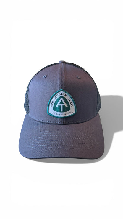 Moove Headwear grey trucker hat with Appalachian Trail patch, adjustable strap, and mesh back for hiking.