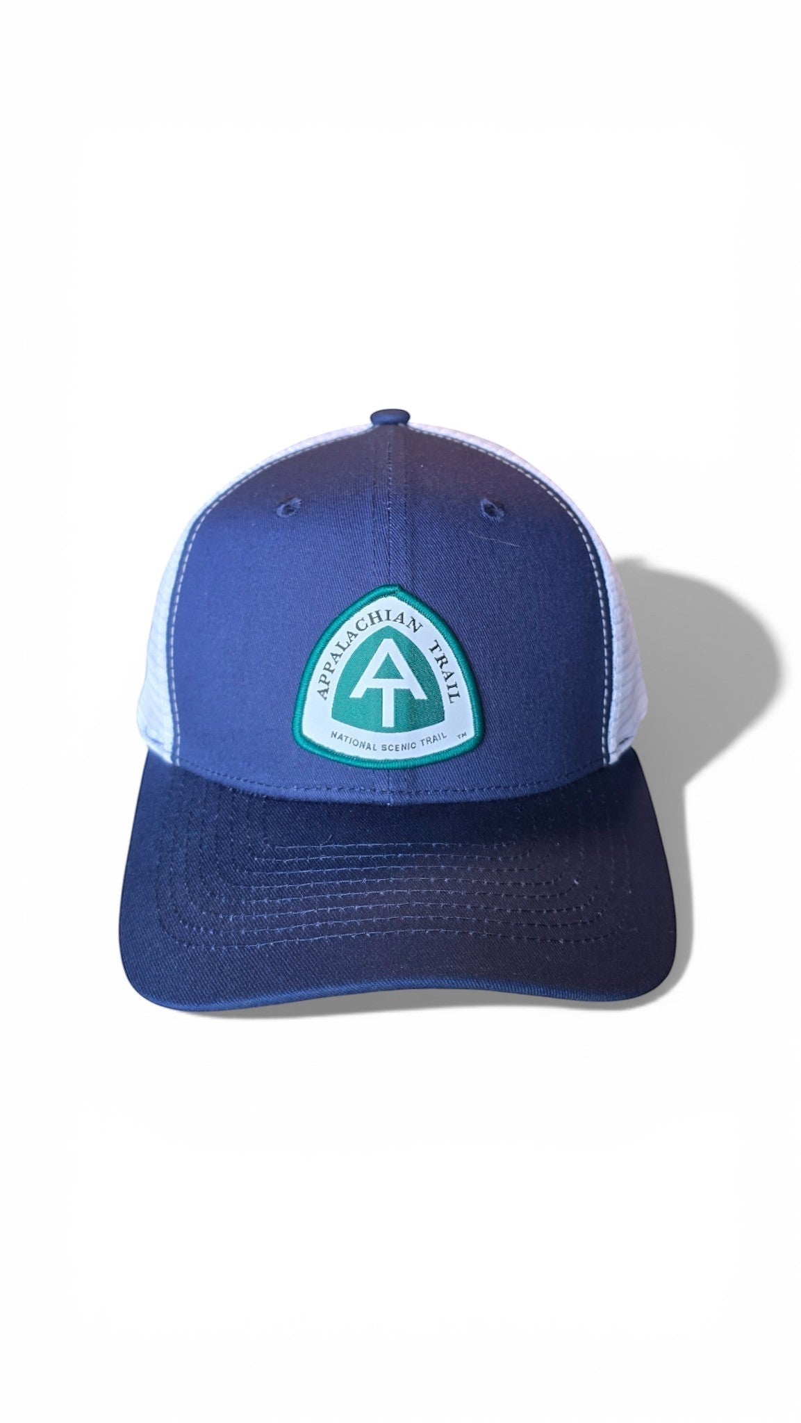 Moove Headwear Appalachian Trail trucker hat in navy blue with white mesh back and embroidered AT logo patch.