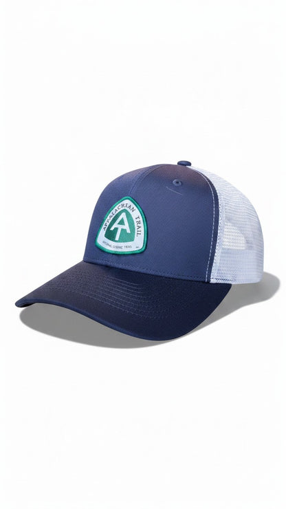 Moove Headwear navy blue trucker hat with white mesh back and Appalachian Trail logo patch. Adjustable strap for a custom fit.