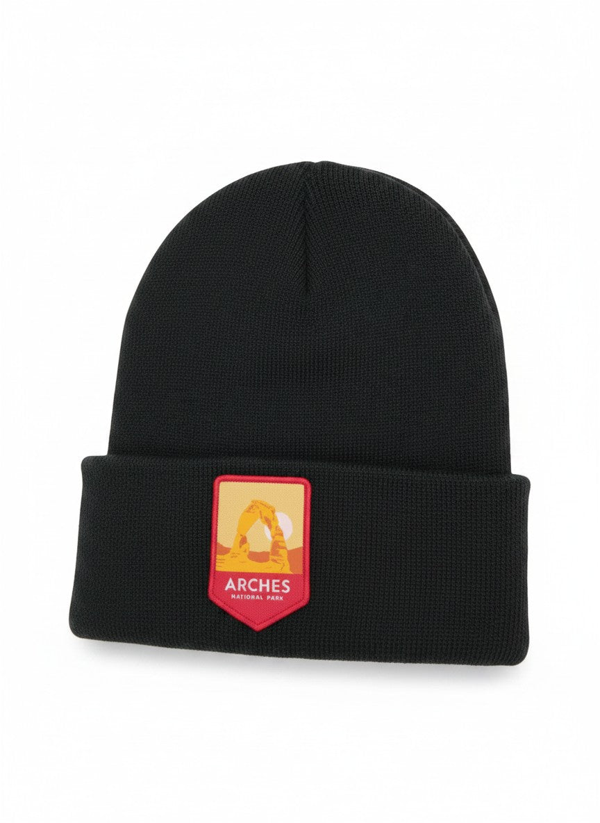Moove Headwear black knit beanie with Arches National Park patch. One size fits most.