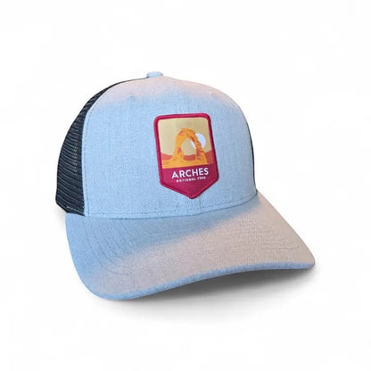 Moove Headwear light blue trucker hat with Arches National Park patch and mesh back