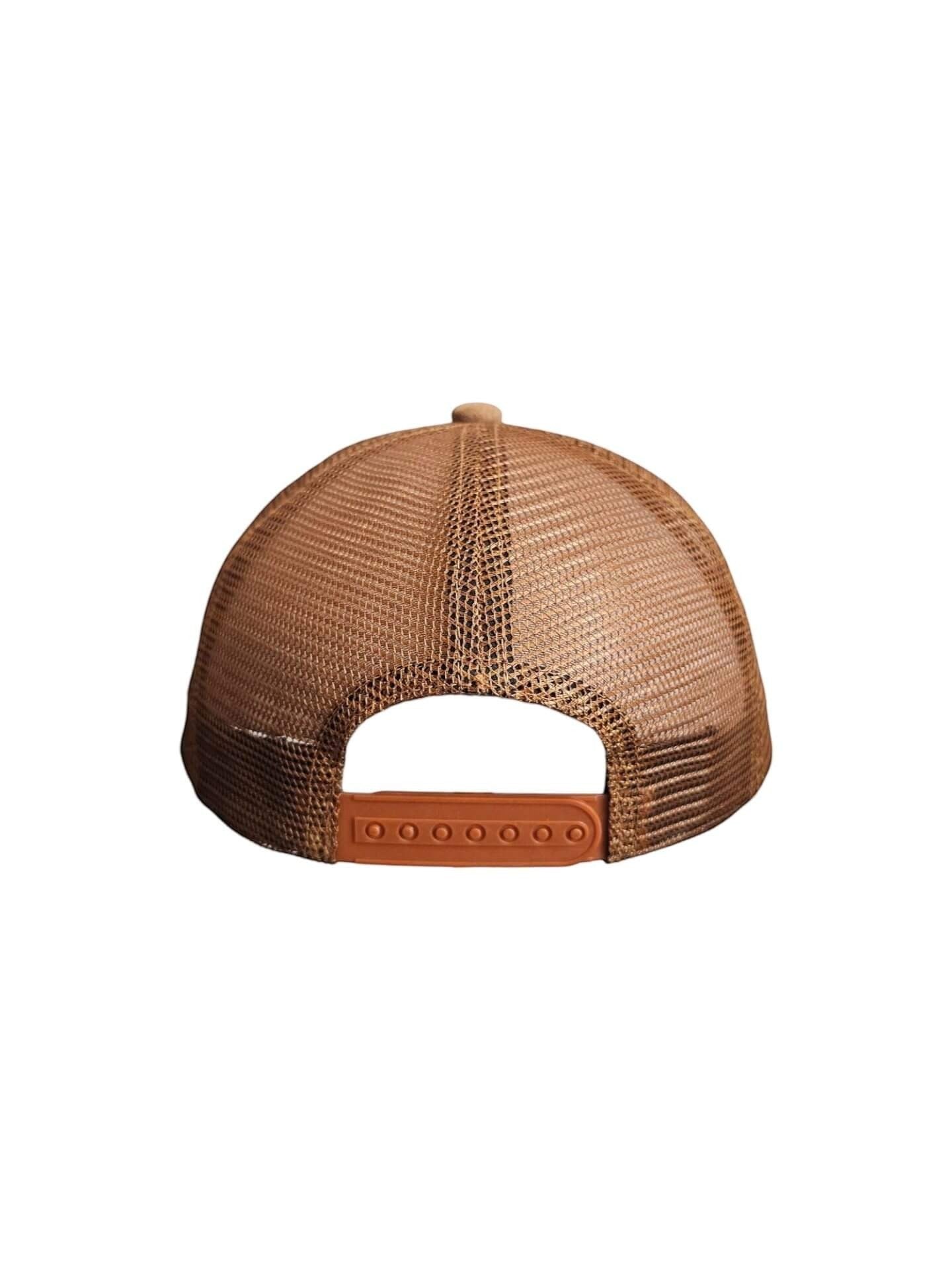 Moove Headwear brown suede trucker hat with mesh back panels and adjustable snapback closure. Ideal for hiking.