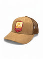 Moove Headwear tan suede trucker hat with mesh back and Arches National Park patch, perfect for hiking.