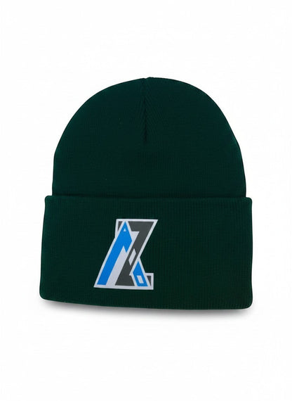Moove Headwear dark green acrylic rib-knit beanie with a woven AZ logo patch on the front. One size fits all.