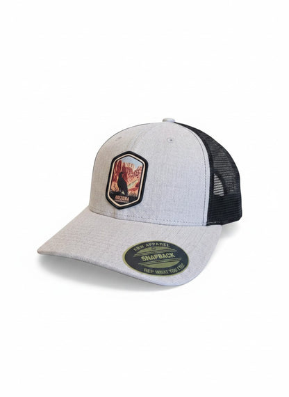 Moove Headwear light grey baseball cap with black mesh back and embroidered Arizona desert patch with a bird.
