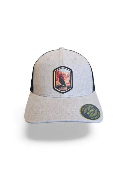 Moove Headwear light grey baseball cap with black mesh back and embroidered Arizona desert scene patch.
