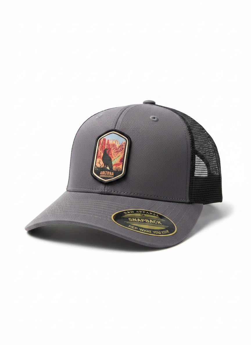 Moove Headwear dark grey baseball cap with embroidered desert patch and mesh back. Curved visor, adjustable snapback.
