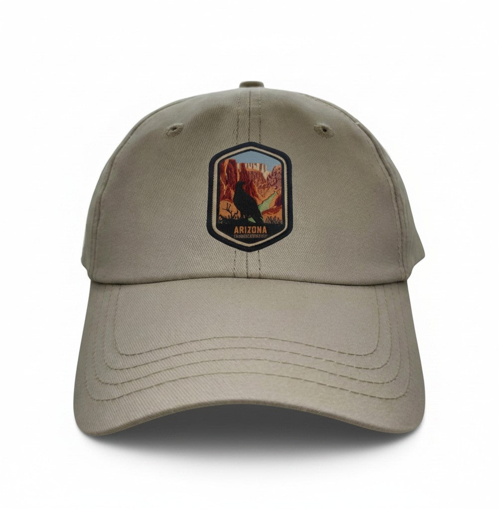 Moove Headwear tan cotton twill baseball cap with Arizona Grand Canyon State patch featuring a bird and mountains.