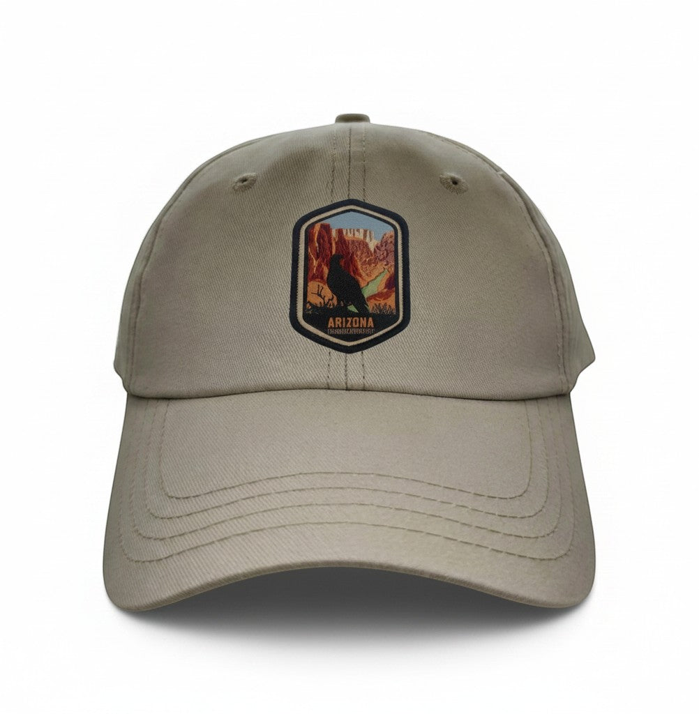 Moove Headwear tan cotton twill baseball cap with Grand Canyon State patch featuring a bird and mountains.