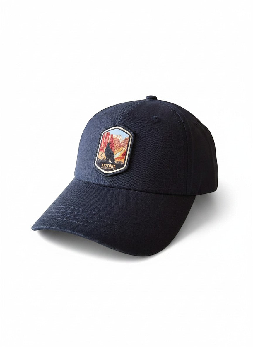 Moove Headwear navy blue cotton twill baseball cap with Arizona Grand Canyon patch and adjustable hook and loop closure.