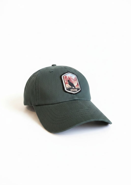 Moove Headwear dark green cotton twill baseball cap with Grand Canyon patch and adjustable hook and loop backing.