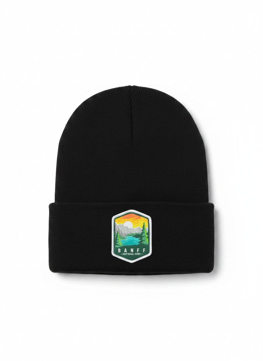 Moove Headwear black knit beanie with Banff National Park embroidered logo patch, wool and acrylic blend.