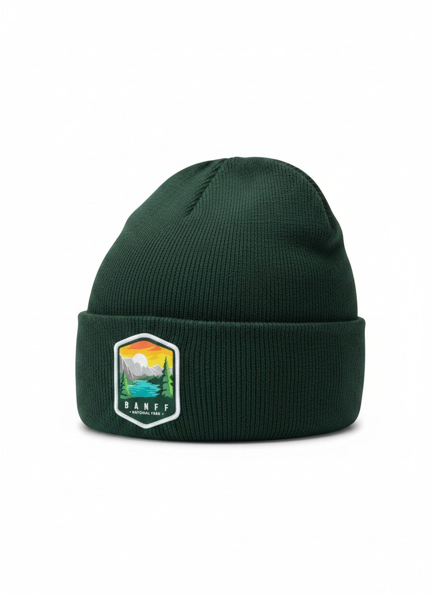 Moove Headwear dark green knit beanie with Banff National Park embroidered patch.