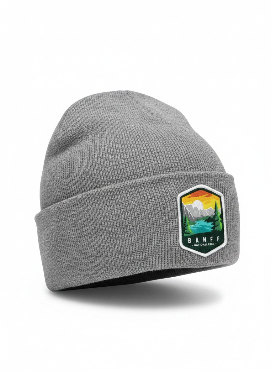 Moove Headwear grey knit beanie with embroidered Banff National Park logo patch. Wool blend.