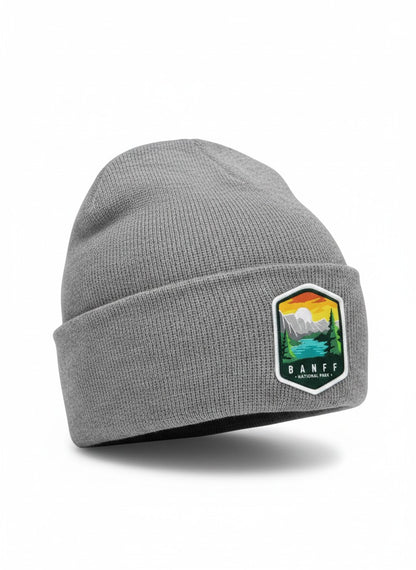 Moove Headwear grey knit beanie with embroidered Banff National Park logo patch. Wool blend.