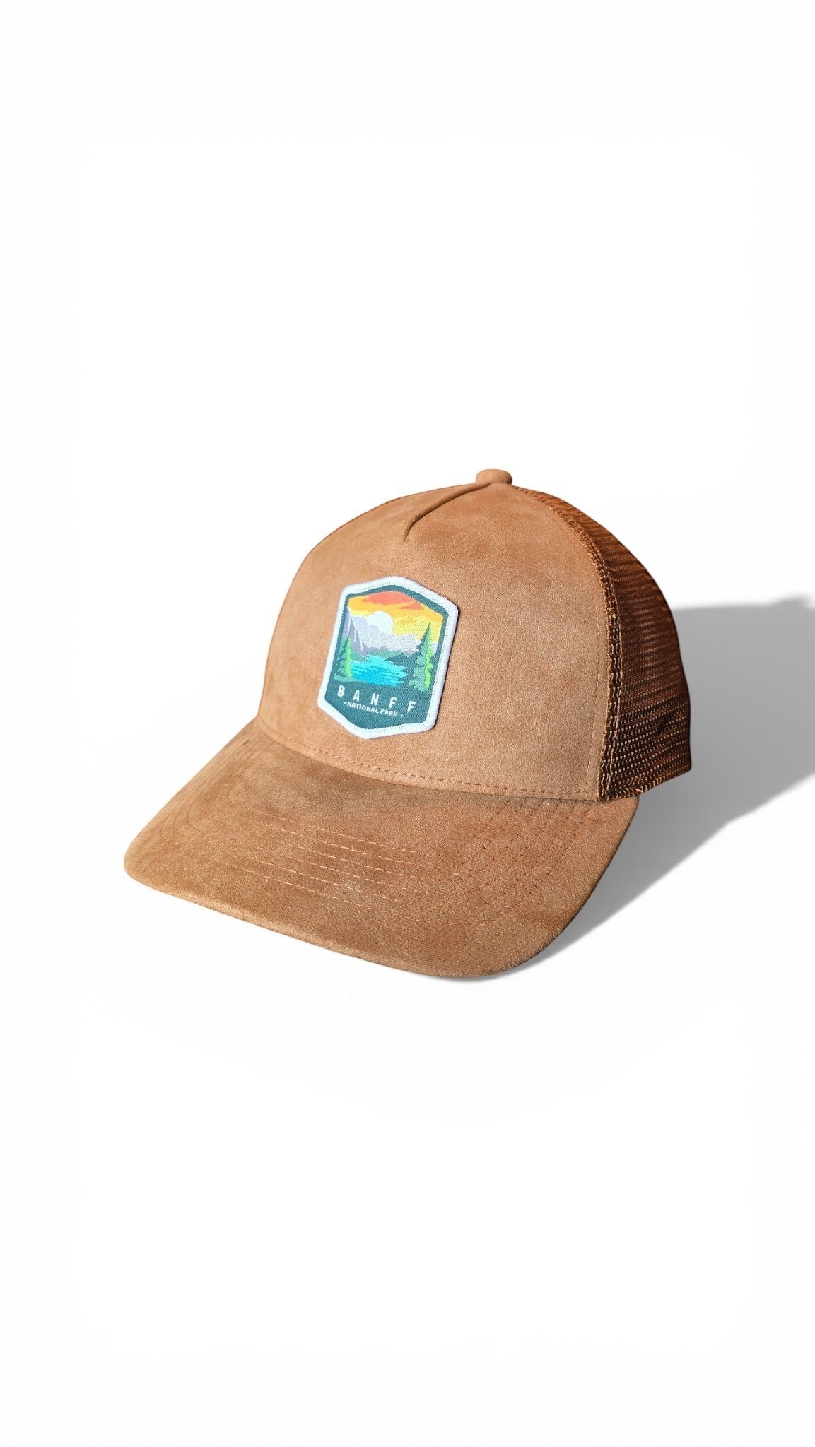 Moove Headwear brown suede trucker hat with Banff National Park embroidered patch and mesh back