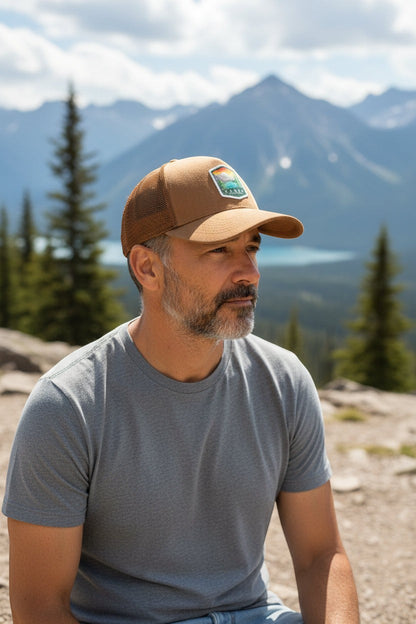 Moove Headwear Banff National Park trucker hat with embroidered patch, tan suede front and mesh back.